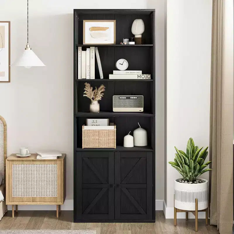 Libreria Industriale Nera con Ante, 5 Ripiani Contenitori, Profondità 30 cm, Altezza 181 cm, per Camera da Letto/Soggiorno/Ufficio