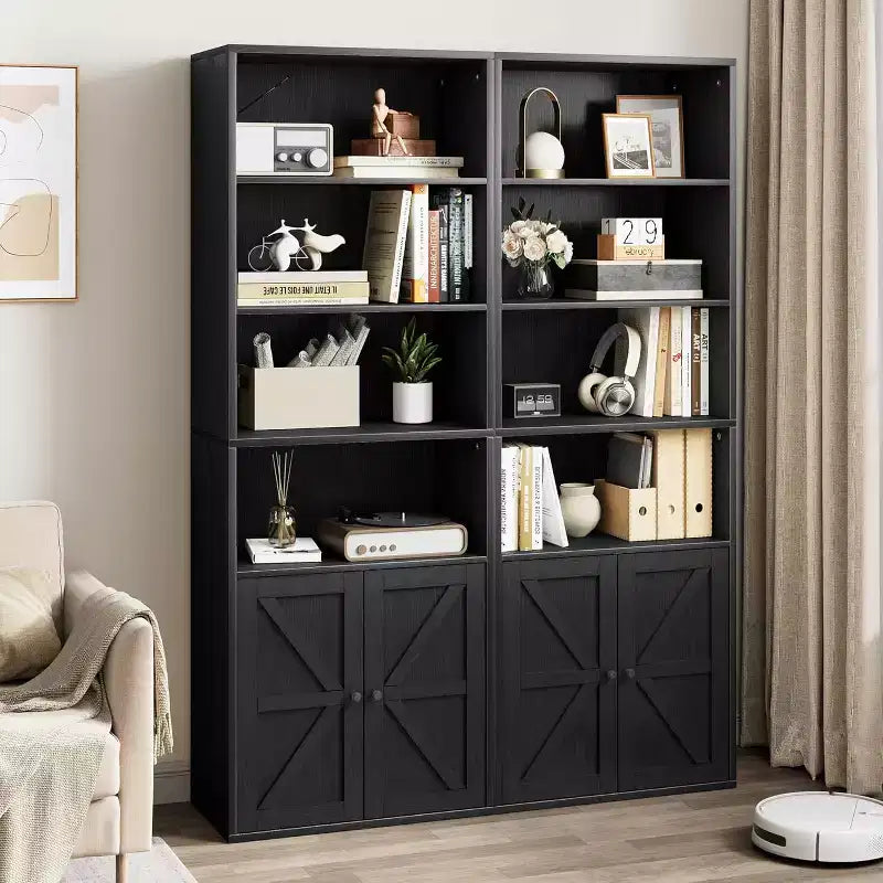 Libreria Industriale Nera con Ante, 5 Ripiani Contenitori, Profondità 30 cm, Altezza 181 cm, per Camera da Letto/Soggiorno/Ufficio
