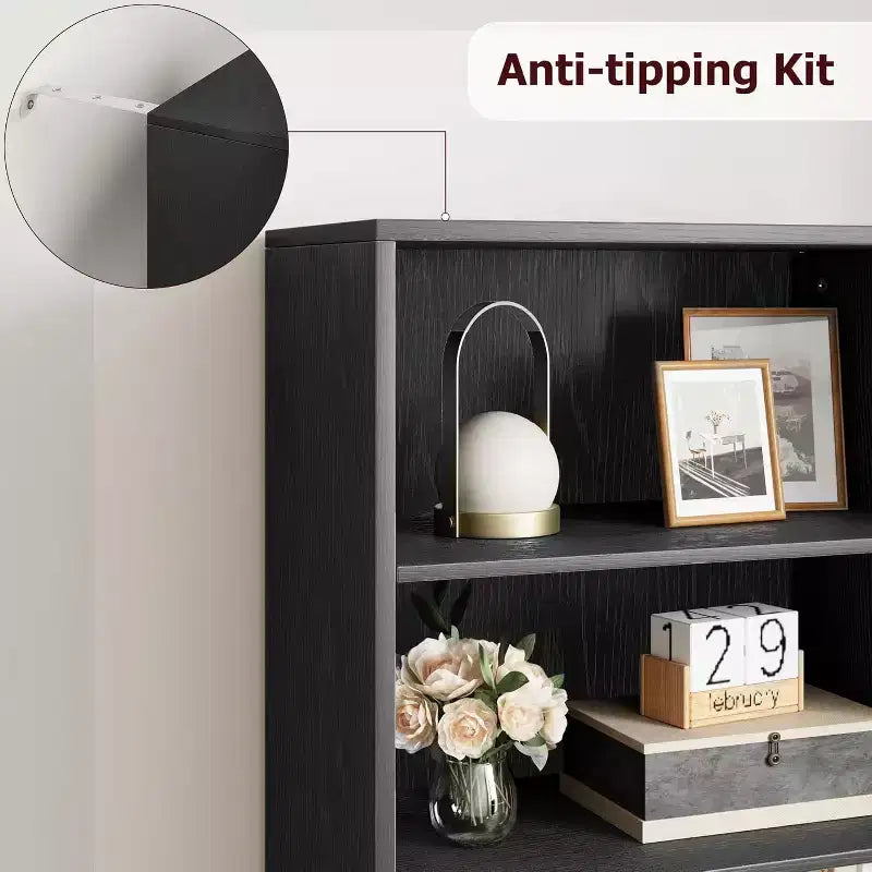 Libreria Industriale Nera con Ante, 5 Ripiani Contenitori, Profondità 30 cm, Altezza 181 cm, per Camera da Letto/Soggiorno/Ufficio