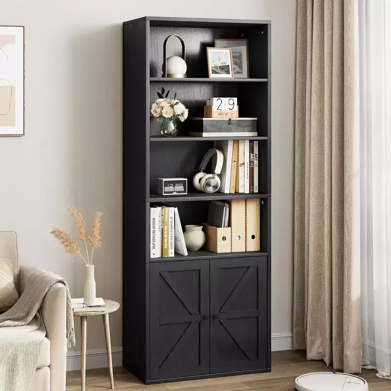 Libreria Industriale Nera con Ante, 5 Ripiani Contenitori, Profondità 30 cm, Altezza 181 cm, per Camera da Letto/Soggiorno/Ufficio