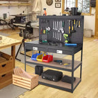 3-Tier Metal Workbench with 2 Drawers, 1000 LBS Capacity - Workshop Workstation with Pegboard & ETL-Certified Power Outlets