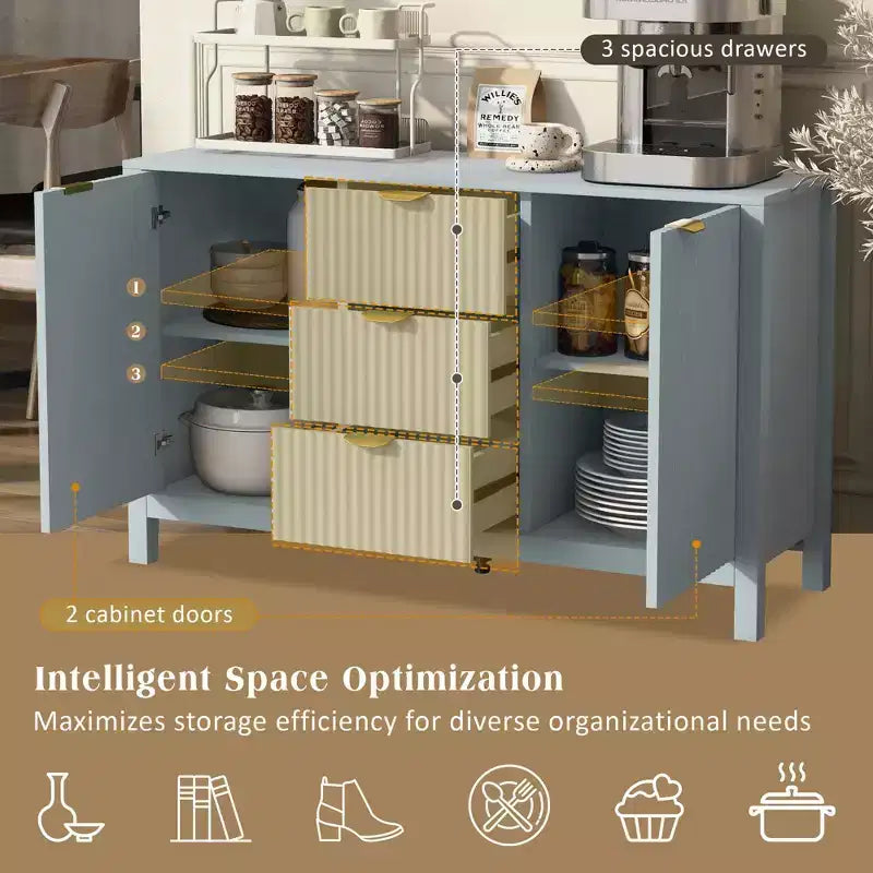 Mobile credenza a buffet Wave Design, armadietto contenitore con ante a chiusura ammortizzata e 3 cassetti, consolle per cucina soggiorno studio