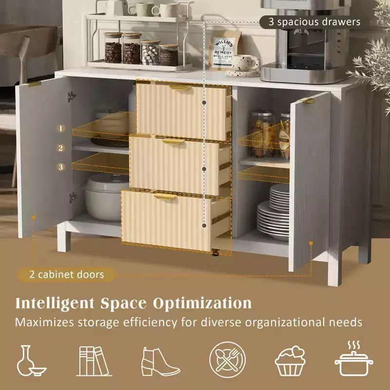Mobile credenza a buffet Wave Design, armadietto contenitore con ante a chiusura ammortizzata e 3 cassetti, consolle per cucina soggiorno studio