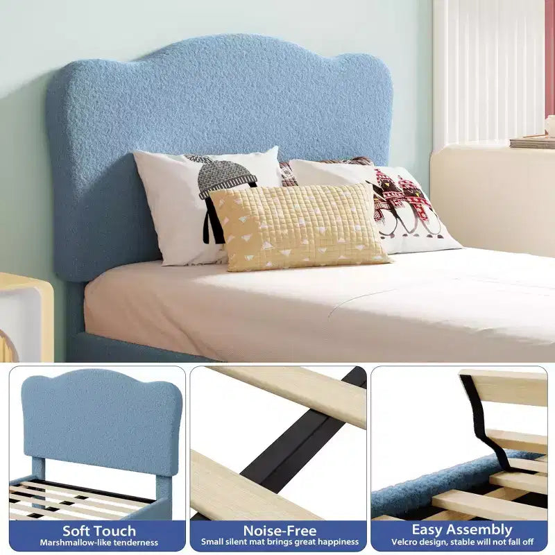 Base letto imbottita con testiera regolabile, robusto supporto a doghe in legno, mobili letto moderni per bambini, nessun materasso a molle richiesto