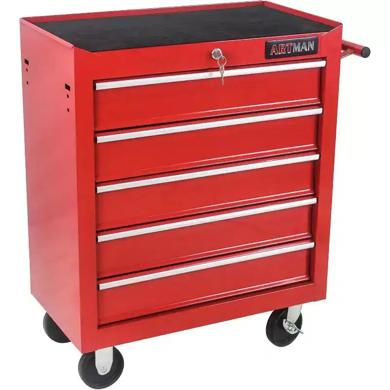 Armadietto Portautensili Robusto con Ruote, Cassettiera Mobile a 5 Cassetti con Sistema di Blocco, Organizer ad Alta Capacità per Garage, Officina, Casa, Rosso
