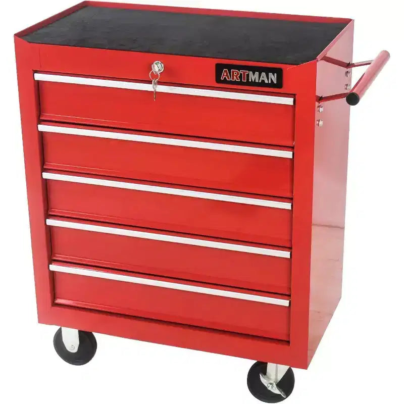 Armadietto Portautensili Robusto con Ruote, Cassettiera Mobile a 5 Cassetti con Sistema di Blocco, Organizer ad Alta Capacità per Garage, Officina, Casa, Rosso
