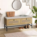 Rattan Shoe Bench with Storage Drawer, Wooden Entryway Bench with Linen Seat Cushion for Hallway and Bedroom