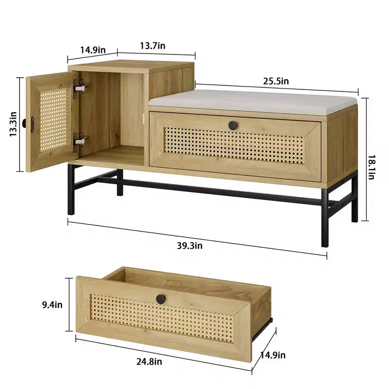 Panca scarpiera in rattan con cassetto contenitore, panca da ingresso in legno con cuscino in lino per corridoio e camera da letto