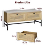 Panca scarpiera in rattan con cassetto contenitore, panca da ingresso in legno con cuscino in lino per corridoio e camera da letto