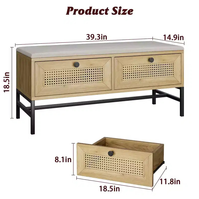 Panca scarpiera in rattan con cassetto contenitore, panca da ingresso in legno con cuscino in lino per corridoio e camera da letto