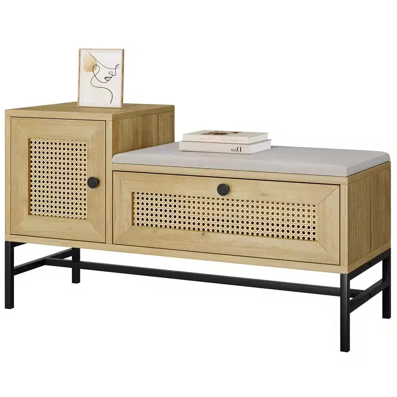 Panca scarpiera in rattan con cassetto contenitore, panca da ingresso in legno con cuscino in lino per corridoio e camera da letto
