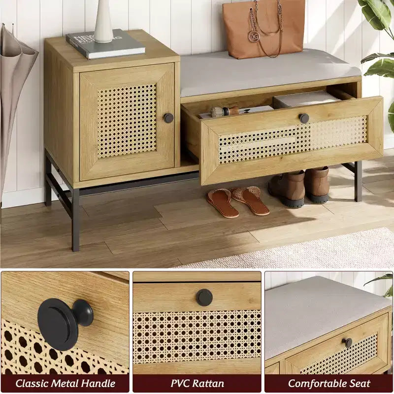 Panca scarpiera in rattan con cassetto contenitore, panca da ingresso in legno con cuscino in lino per corridoio e camera da letto