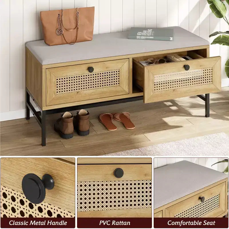 Panca scarpiera in rattan con cassetto contenitore, panca da ingresso in legno con cuscino in lino per corridoio e camera da letto