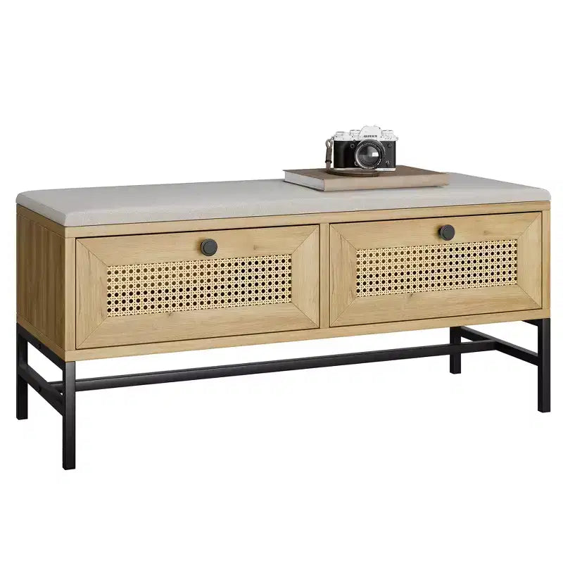 Panca scarpiera in rattan con cassetto contenitore, panca da ingresso in legno con cuscino in lino per corridoio e camera da letto