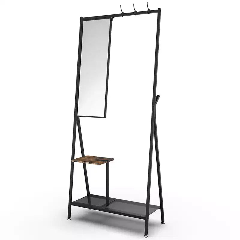 Coat Rack With Mirror, Multi-functional Hall Tree With Shoe Storage, Industrial Accent Furniture With Aluminum Frame For Living Room Bedroom
