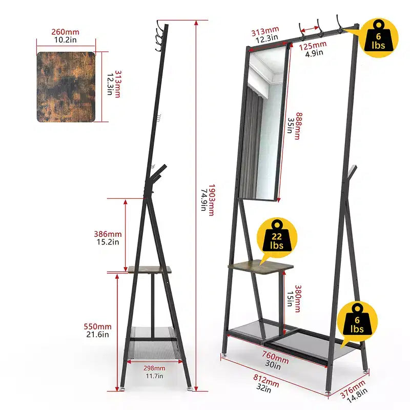 Appendiabiti con Specchio, Mobile Ingresso Multifunzione con Scarpiera, Mobile d'Arredo Industriale con Struttura in Alluminio per Soggiorno Camera da Letto