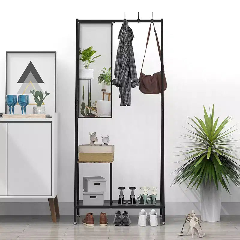 Appendiabiti con Specchio, Mobile Ingresso Multifunzione con Scarpiera, Mobile d'Arredo Industriale con Struttura in Alluminio per Soggiorno Camera da Letto
