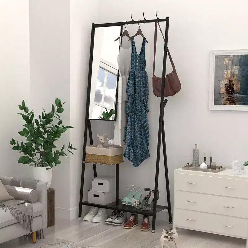 Appendiabiti con Specchio, Mobile Ingresso Multifunzione con Scarpiera, Mobile d'Arredo Industriale con Struttura in Alluminio per Soggiorno Camera da Letto