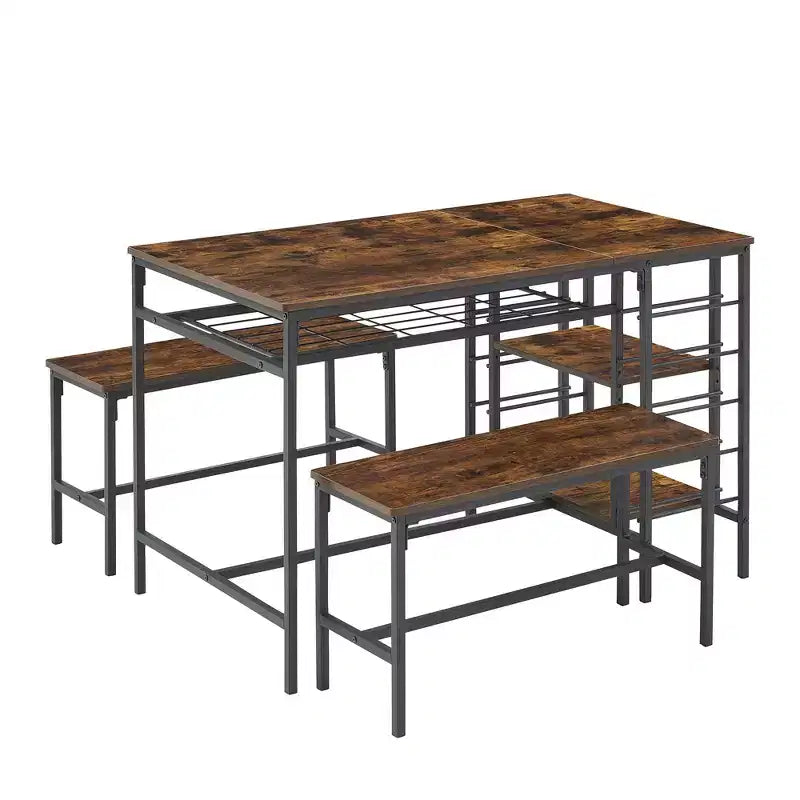 Tavolo da pranzo per 4 persone, tavolo da cucina con 2 panche, portabottiglie e ripiano, tavolo da pranzo rettangolare, per piccoli spazi, appartamento, dinette