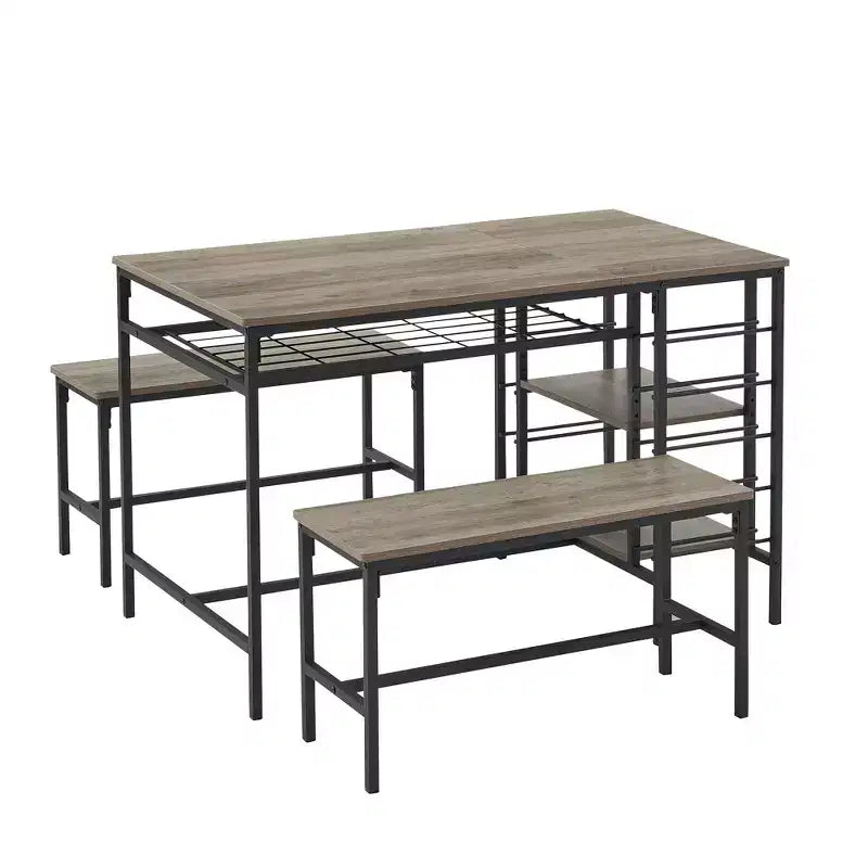 Tavolo da pranzo per 4 persone, tavolo da cucina con 2 panche, portabottiglie e ripiano, tavolo da pranzo rettangolare, per piccoli spazi, appartamento, dinette