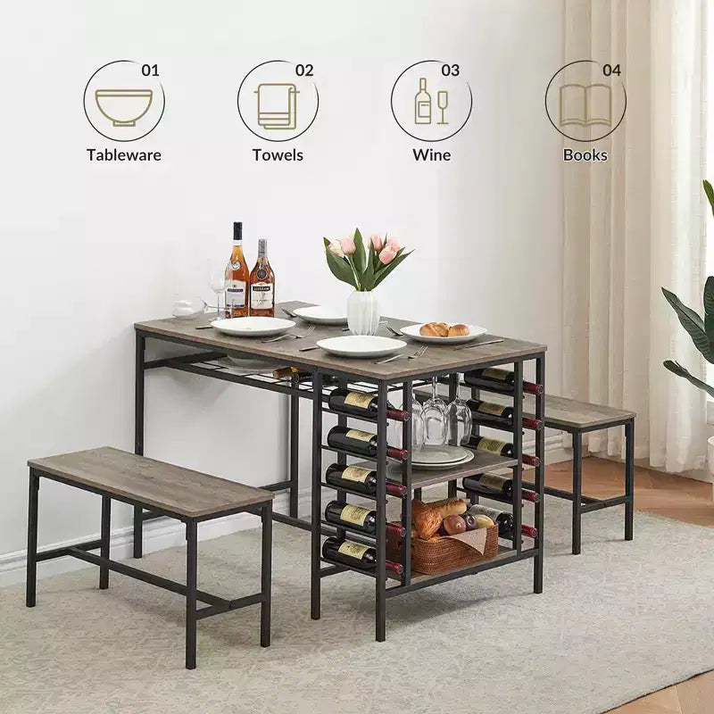 Tavolo da pranzo per 4 persone, tavolo da cucina con 2 panche, portabottiglie e ripiano, tavolo da pranzo rettangolare, per piccoli spazi, appartamento, dinette