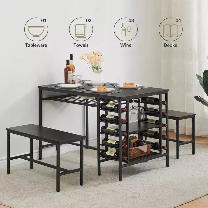 Tavolo da pranzo per 4 persone, tavolo da cucina con 2 panche, portabottiglie e ripiano, tavolo da pranzo rettangolare, per piccoli spazi, appartamento, dinette