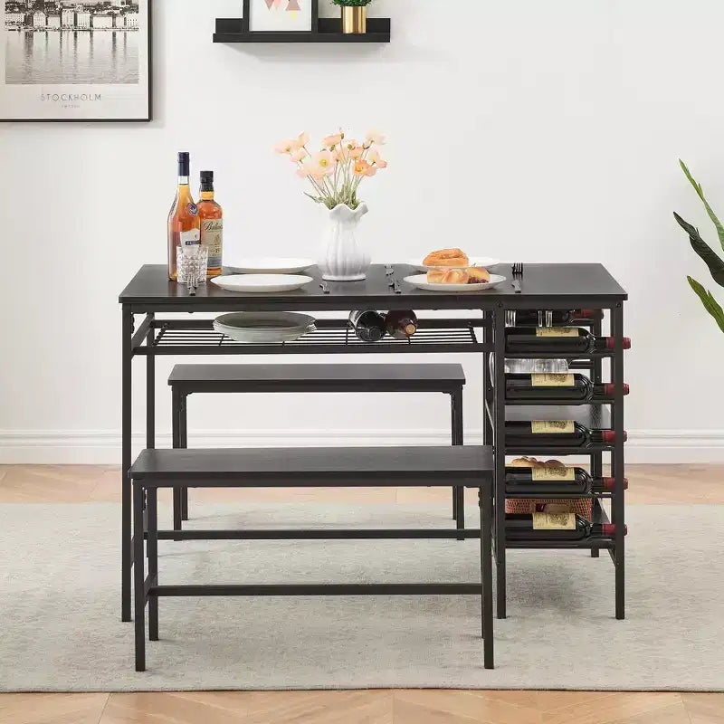 Tavolo da pranzo per 4 persone, tavolo da cucina con 2 panche, portabottiglie e ripiano, tavolo da pranzo rettangolare, per piccoli spazi, appartamento, dinette