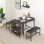 Dining Table Set for 4,Kitchen Table with 2 Benches,Wine Rack and Storage Shelf,Rectangular Dining Room Table Set,for Small Space,Apartment,Dinette