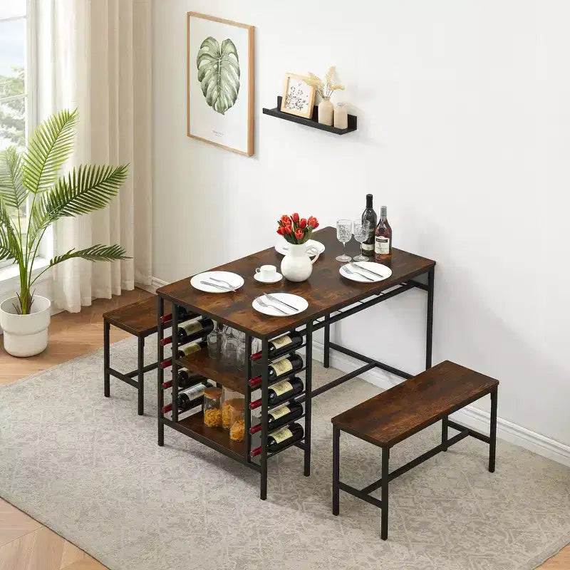 Tavolo da pranzo per 4 persone, tavolo da cucina con 2 panche, portabottiglie e ripiano, tavolo da pranzo rettangolare, per piccoli spazi, appartamento, dinette
