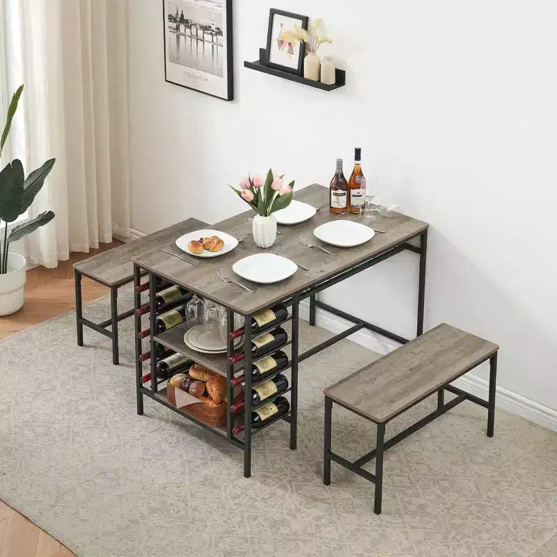 Tavolo da pranzo per 4 persone, tavolo da cucina con 2 panche, portabottiglie e ripiano, tavolo da pranzo rettangolare, per piccoli spazi, appartamento, dinette