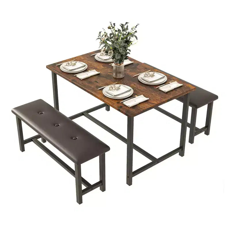 Tavolo da Cucina con 2 Panche Imbottite per 4 Persone, Tavolo Rettangolare in Metallo e Legno per Sala da Pranzo, Spazi Piccoli, Appartamento