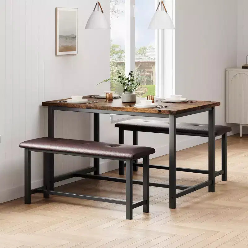 Tavolo da Cucina con 2 Panche Imbottite per 4 Persone, Tavolo Rettangolare in Metallo e Legno per Sala da Pranzo, Spazi Piccoli, Appartamento