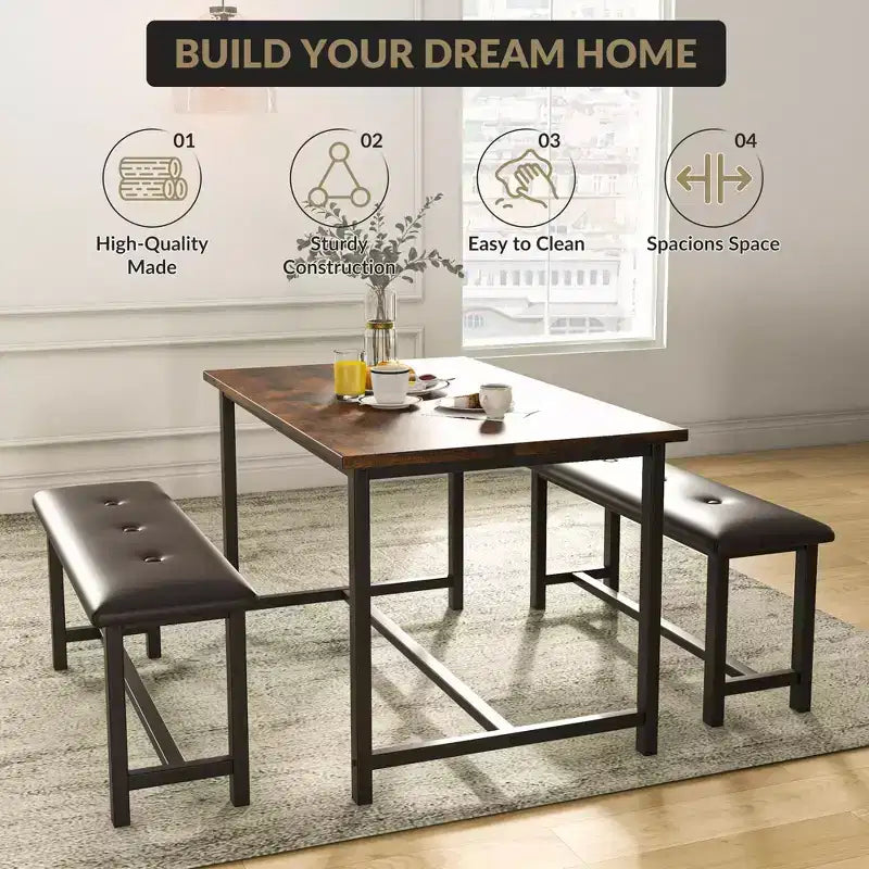 Tavolo da Cucina con 2 Panche Imbottite per 4 Persone, Tavolo Rettangolare in Metallo e Legno per Sala da Pranzo, Spazi Piccoli, Appartamento