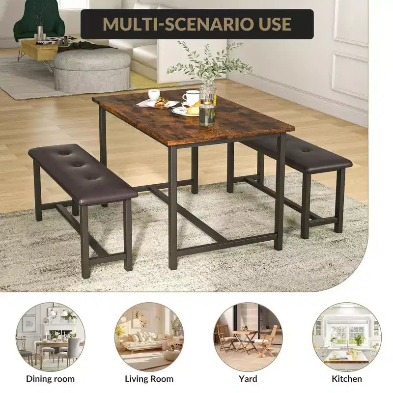 Tavolo da Cucina con 2 Panche Imbottite per 4 Persone, Tavolo Rettangolare in Metallo e Legno per Sala da Pranzo, Spazi Piccoli, Appartamento