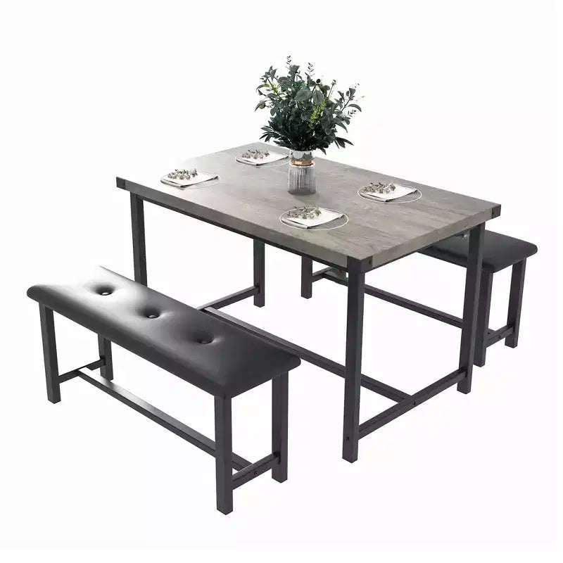 Tavolo da Cucina con 2 Panche Imbottite per 4 Persone, Tavolo Rettangolare in Metallo e Legno per Sala da Pranzo, Spazi Piccoli, Appartamento