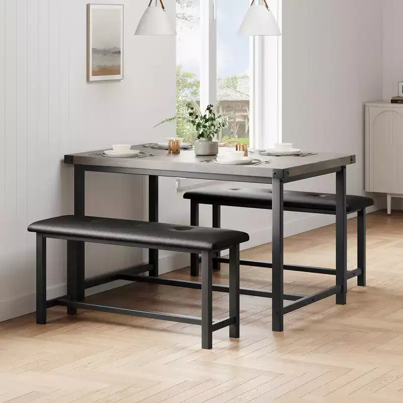 Tavolo da Cucina con 2 Panche Imbottite per 4 Persone, Tavolo Rettangolare in Metallo e Legno per Sala da Pranzo, Spazi Piccoli, Appartamento