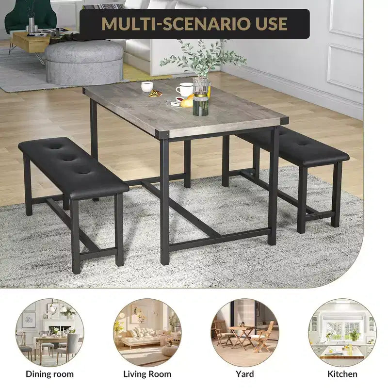 Tavolo da Cucina con 2 Panche Imbottite per 4 Persone, Tavolo Rettangolare in Metallo e Legno per Sala da Pranzo, Spazi Piccoli, Appartamento