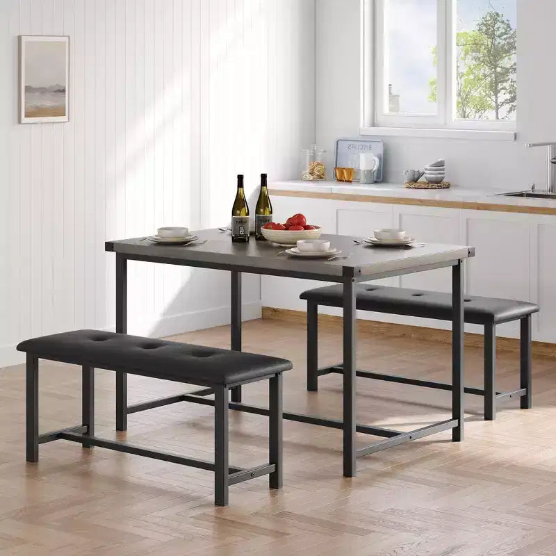 Tavolo da Cucina con 2 Panche Imbottite per 4 Persone, Tavolo Rettangolare in Metallo e Legno per Sala da Pranzo, Spazi Piccoli, Appartamento