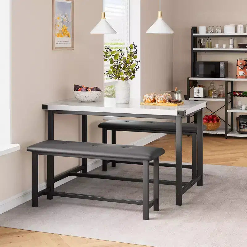 Tavolo da Cucina con 2 Panche Imbottite per 4 Persone, Tavolo Rettangolare in Metallo e Legno per Sala da Pranzo, Spazi Piccoli, Appartamento