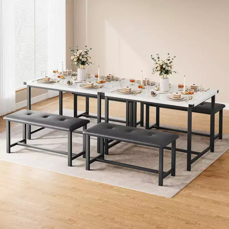 Tavolo da Cucina con 2 Panche Imbottite per 4 Persone, Tavolo Rettangolare in Metallo e Legno per Sala da Pranzo, Spazi Piccoli, Appartamento