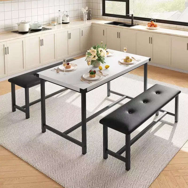 Tavolo da Cucina con 2 Panche Imbottite per 4 Persone, Tavolo Rettangolare in Metallo e Legno per Sala da Pranzo, Spazi Piccoli, Appartamento