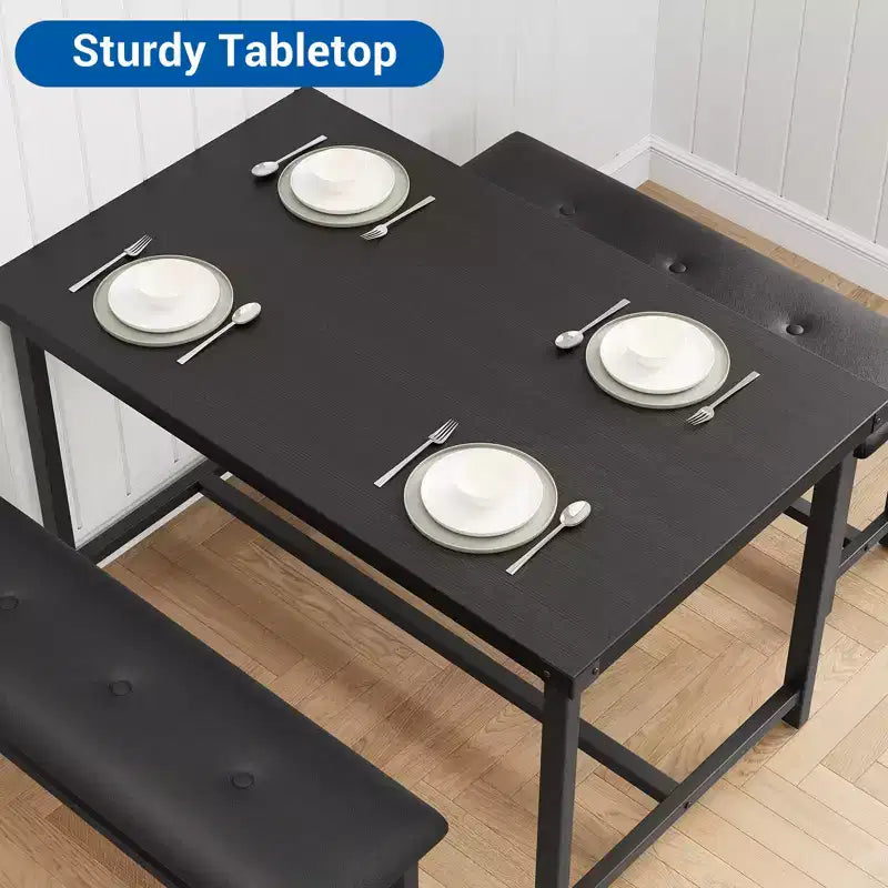 Tavolo da Cucina con 2 Panche Imbottite per 4 Persone, Tavolo Rettangolare in Metallo e Legno per Sala da Pranzo, Spazi Piccoli, Appartamento