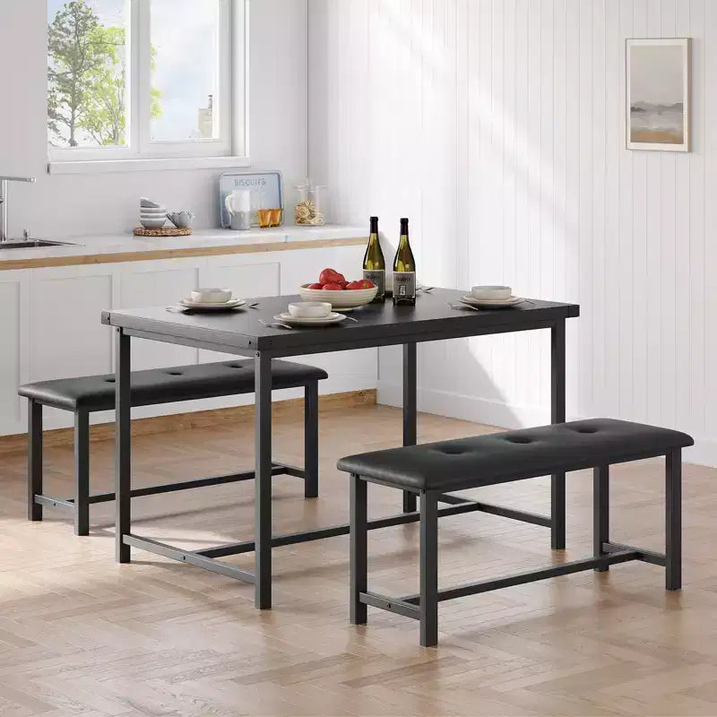 Tavolo da Cucina con 2 Panche Imbottite per 4 Persone, Tavolo Rettangolare in Metallo e Legno per Sala da Pranzo, Spazi Piccoli, Appartamento