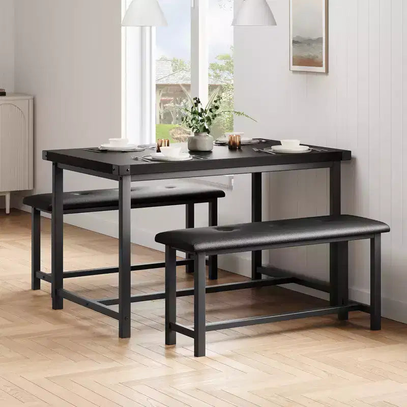 Tavolo da Cucina con 2 Panche Imbottite per 4 Persone, Tavolo Rettangolare in Metallo e Legno per Sala da Pranzo, Spazi Piccoli, Appartamento