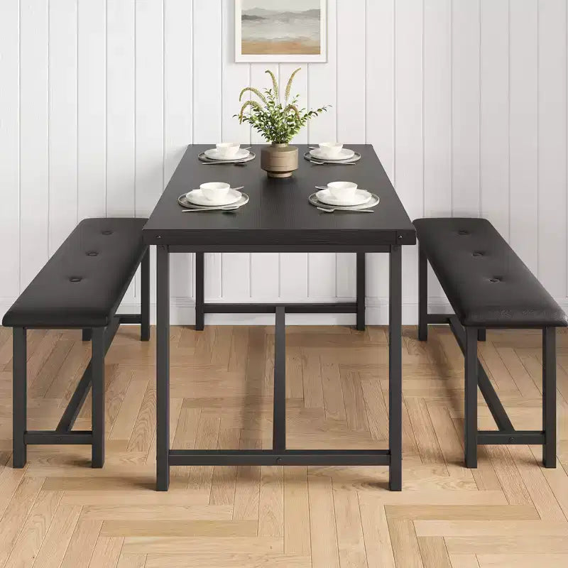 Tavolo da Cucina con 2 Panche Imbottite per 4 Persone, Tavolo Rettangolare in Metallo e Legno per Sala da Pranzo, Spazi Piccoli, Appartamento