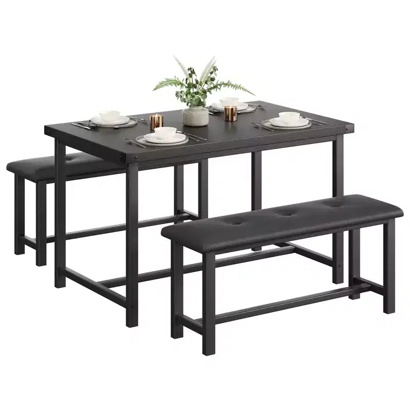 Kitchen Table Set with 2 Upholstered Benches for 4, Dining Room Metal and Wood Rectangular Table Set for Small Space, Apartment