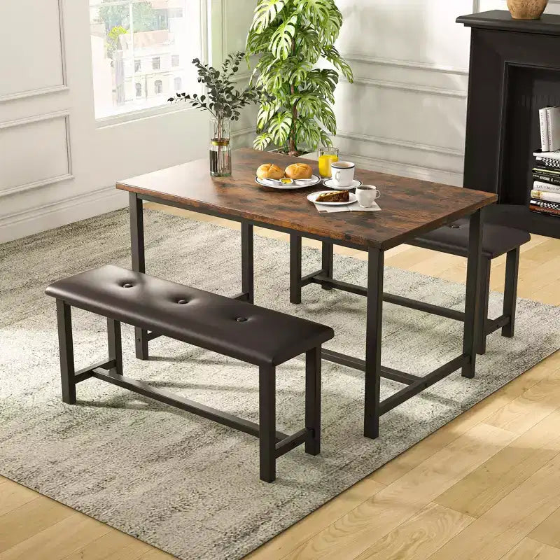 Tavolo da Cucina con 2 Panche Imbottite per 4 Persone, Tavolo Rettangolare in Metallo e Legno per Sala da Pranzo, Spazi Piccoli, Appartamento