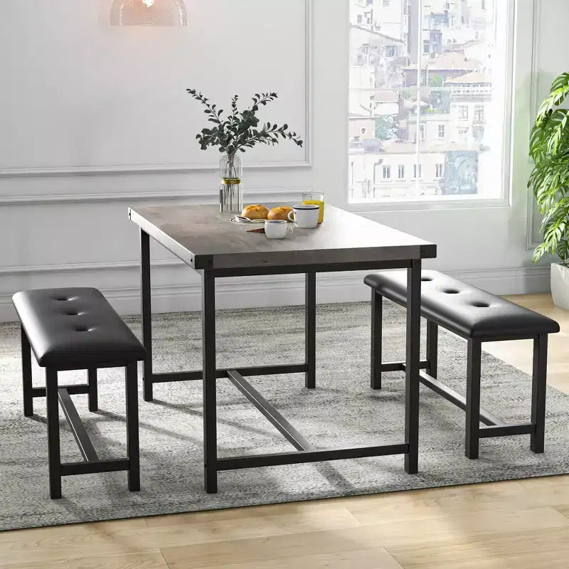 Tavolo da Cucina con 2 Panche Imbottite per 4 Persone, Tavolo Rettangolare in Metallo e Legno per Sala da Pranzo, Spazi Piccoli, Appartamento
