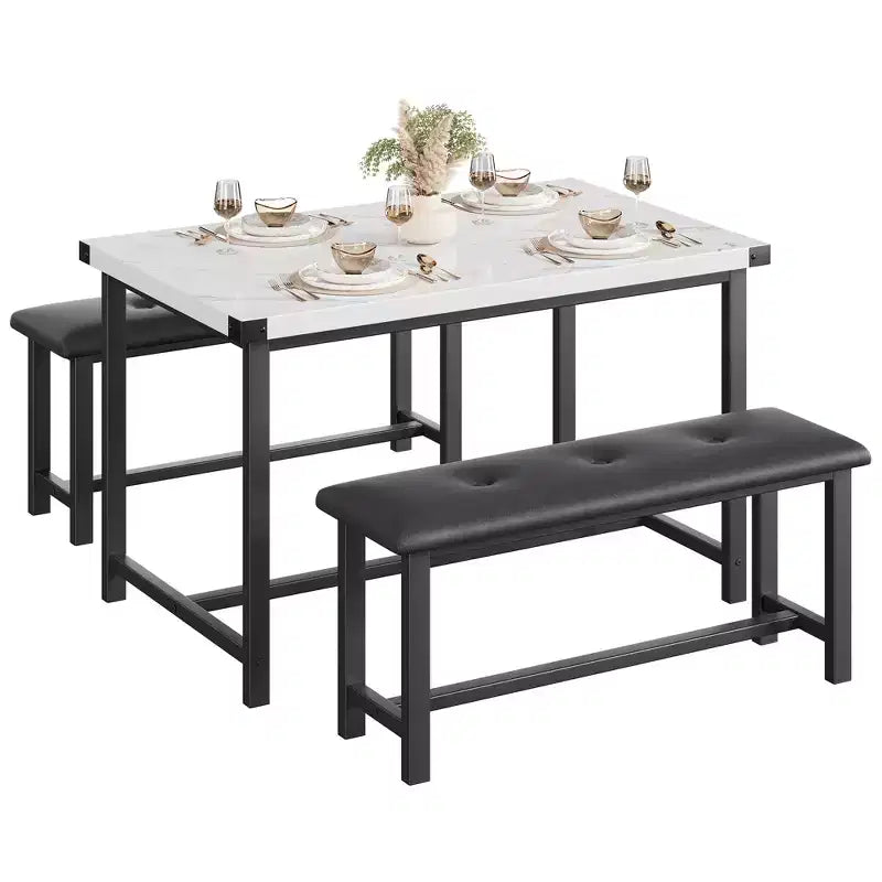 Tavolo da Cucina con 2 Panche Imbottite per 4 Persone, Tavolo Rettangolare in Metallo e Legno per Sala da Pranzo, Spazi Piccoli, Appartamento