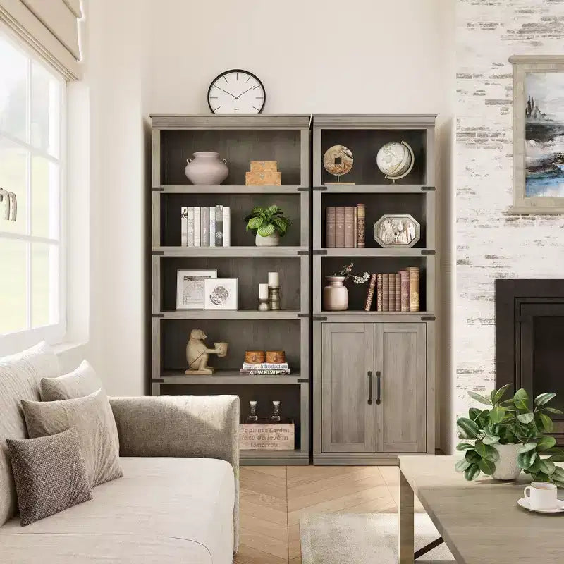 Librerie rustiche con ante, Libreria a 5 ripiani con contenitore, Mobiletto in legno per soggiorno, casa, ufficio, camera da letto